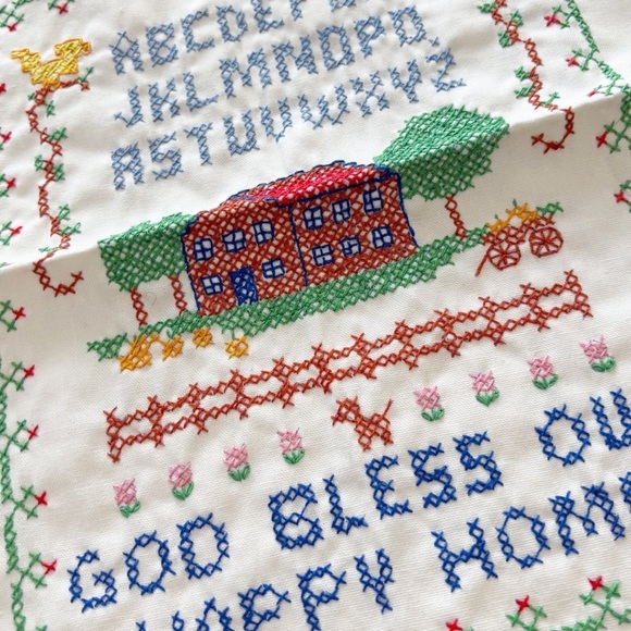 Vtg COUNTED CROSS STITCH Hand Made GOD BLESS OUR HAPPY HOME Finished 18” X 15” - Picture 2 of 6